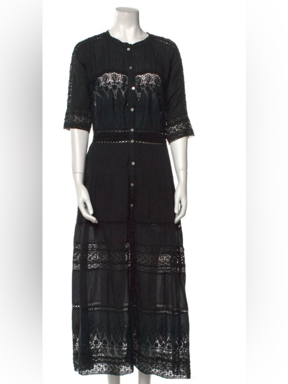 LoveShackFancy Black Lace-Trim Long Sleeve Maxi Dress